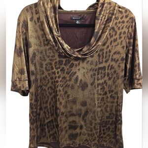 Think Tank Brown Leopard Animal Print Silky Shine Liquid Knit Blouse